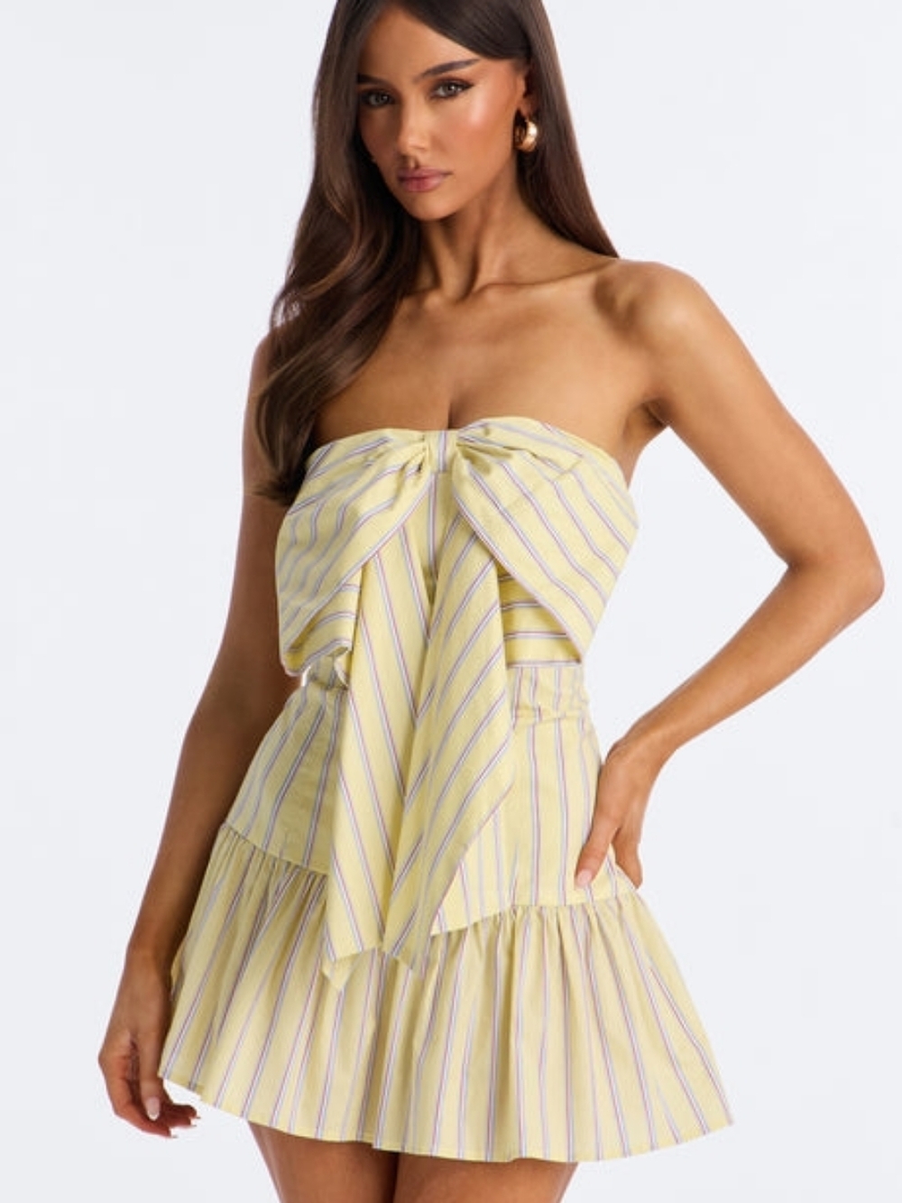 NWT FN Butter Yellow Striped Poplin Mini Dress With Bow - Size Large